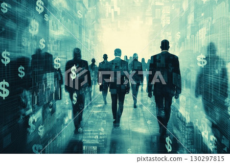 Business Professionals Walking Among Digital Symbols Business Professionals Walking Among Digital Symbols 130297815