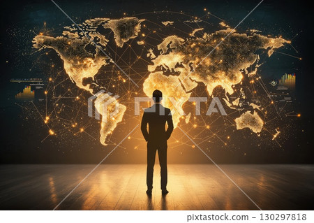 Businessman Observing Global Map Visualization Businessman Observing Global Map Visualization 130297818
