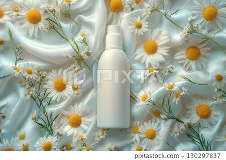 A bottle of lotion is placed on a bed of flowers A bottle of lotion is placed on a bed of flowers 130297837
