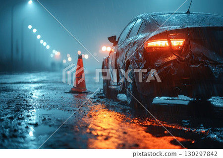 A car is parked on a wet road next to a cone A car is parked on a wet road next to a cone 130297842