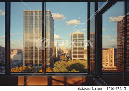 A city view from a window with tall buildings and a tree in the foreground 130297845