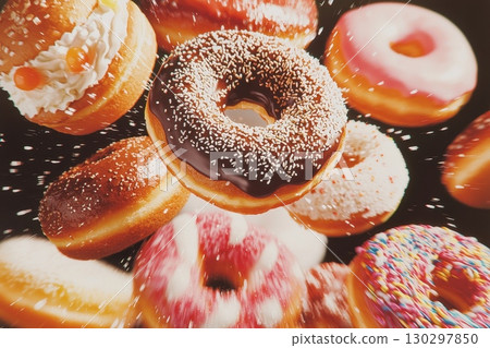 A close up of many different types of donuts with sprinkles and chocolate 130297850