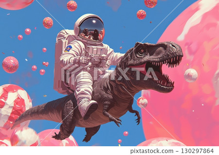 A man in a spacesuit is riding a dinosaur 130297864