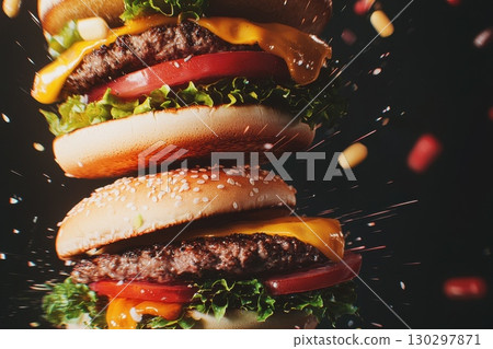 A burger with cheese and lettuce on top of another burger 130297871