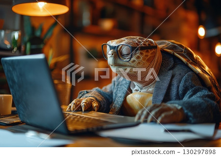 A turtle wearing glasses is sitting at a desk with a laptop A turtle wearing glasses is sitting at a desk with a laptop 130297898