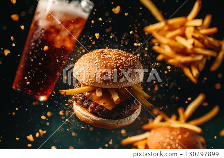 The burger is covered in cheese and has a bun on top 130297899