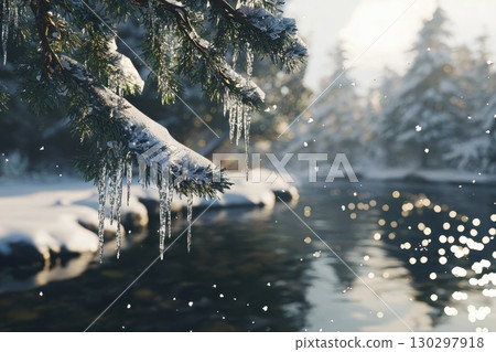 A snow covered tree branch with icicles hanging from it A snow covered tree branch with icicles hanging from it 130297918