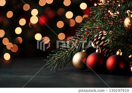 A Christmas tree with a bunch of red and gold ornaments 130297919