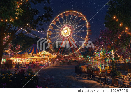 A carnival with a large Ferris wheel in the background A carnival with a large Ferris wheel in the background 130297928
