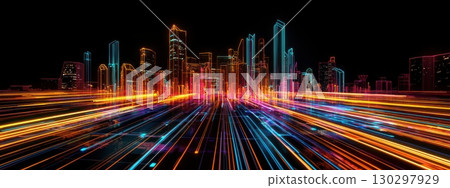 A cityscape with bright lights and neon colors 130297929