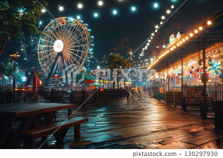 A carnival with a Ferris wheel and a lot of lights 130297930