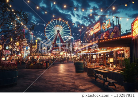 A carnival with a Ferris wheel and a lot of lights A carnival with a Ferris wheel and a lot of lights 130297931
