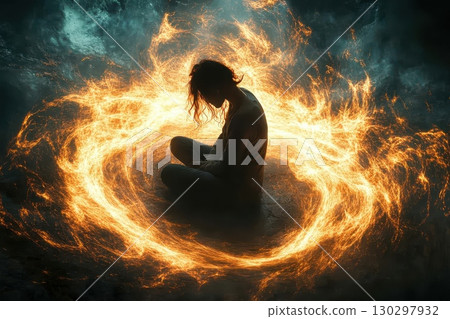 A woman sits in the center of a glowing circle of fire A woman sits in the center of a glowing circle of fire 130297932