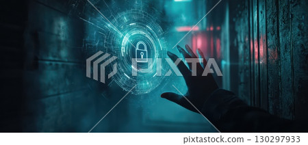 A hand is reaching for a blue circle with a key on it, Concept of unlocking or gaining access A hand is reaching for a blue circle with a key on it, Concept of unlocking or gaining access 130297933