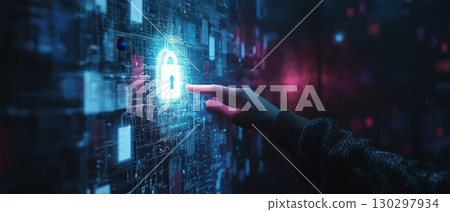 A person is pointing at a blue lock on a computer screen, secure valuable items or information A person is pointing at a blue lock on a computer screen, secure valuable items or information 130297934