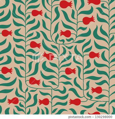 Modern simple pomegranat foliage vector seamless pattern for textile, wallpaper, packcage, fabric, banner. Simple botanical vector background. Modern simple pomegranat foliage vector seamless pattern for textile, wallpaper, packcage, fabric, banner. Simple botanical vector background. 130298000