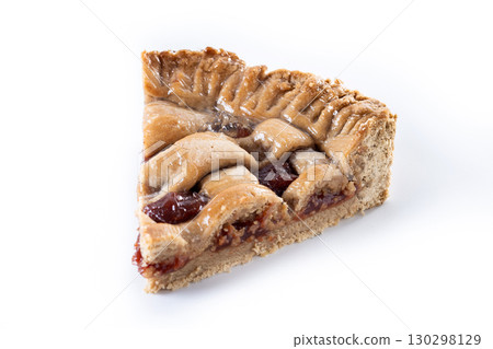 Slice of traditional Pastafrola pie with guava filling, also known as Cuban pae isolated on white background Slice of traditional Pastafrola pie with guava filling, also known as Cuban pae isolated on white background 130298129
