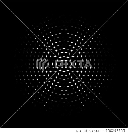 Abstract halftone star dotted round patter. White geometric shape with gradient effect on black background. Minimalistic, futuristic, graphic vector illustration Abstract halftone star dotted round patter. White geometric shape with gradient effect on black background. Minimalistic, futuristic, graphic vector illustration 130298235