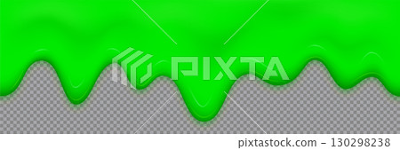 Green slime dripping border. Glossy toxic goo with wavy edges on transparent background. Seamless horizontal vector design for Halloween, horror or game UI 130298238