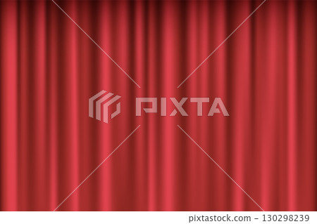 Red theater curtain background. Closed vertical stage drapes with soft shadows and silky folds. Classic backdrop for presentations, drama scenes, show announcements. Realistic vector banner Red theater curtain background. Closed vertical stage drapes with soft shadows and silky folds. Classic backdrop for presentations, drama scenes, show announcements. Realistic vector banner 130298239