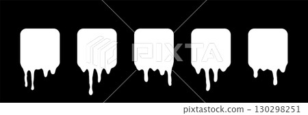 Dripping milk icons. Set of white square shapes with dripping liquid texture on black background. Isolated vector illustrations 130298251