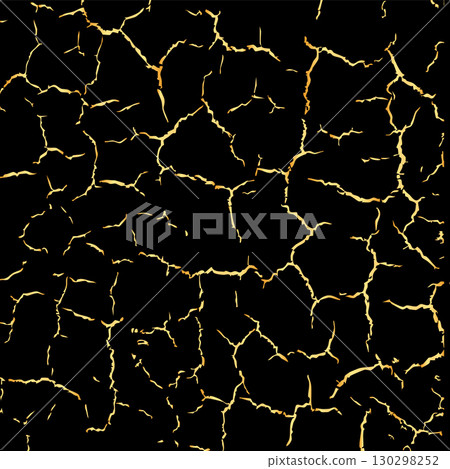 Cracked dry ground with golden lines. Abstract dark background with shiny gold fracture pattern. Luxury cracked earth texture. Vector illustration 130298252
