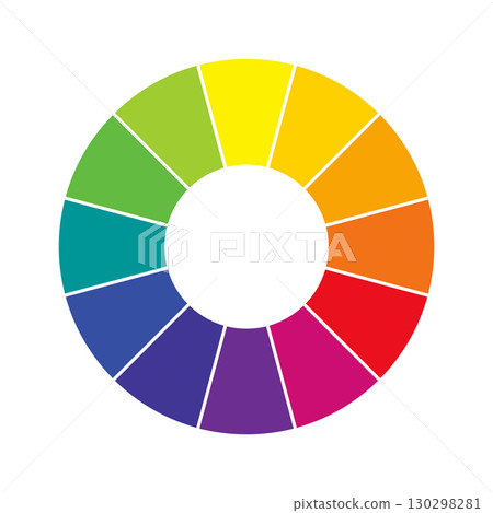 Color wheel chart circle. Bright rainbow spectrum divided into 12 equal segments on white background. Circular palette for color theory, design, or visual harmony. Vector illustration 130298281