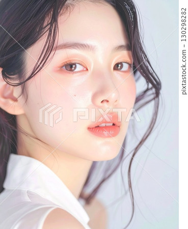 Portrait of a young woman looking back with a smile 130298282