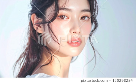 Portrait of a young woman looking back with a smile 130298284