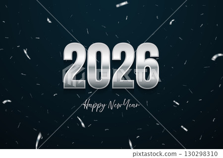 Silver 2026 New Year greeting card. Shiny metallic numbers 2026 with falling confetti on dark background. Merry Christmas festive postcard, invitation, banner, poster. Luxury vector illustration Silver 2026 New Year greeting card. Shiny metallic numbers 2026 with falling confetti on dark background. Merry Christmas festive postcard, invitation, banner, poster. Luxury vector illustration 130298310