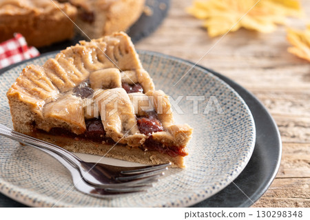 Slice of traditional Pastafrola pie with guava filling, also known as Cuban pae 130298348