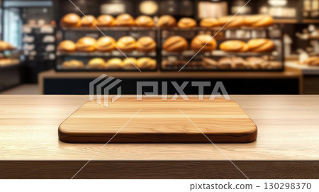 polished wooden board on minimalist table, surrounded by fresh bread in bakery, evokes warm and inviting atmosphere polished wooden board on minimalist table, surrounded by fresh bread in bakery, evokes warm and inviting atmosphere 130298370