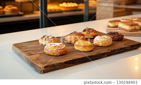 Delicious pastries arranged on rustic wooden board, showcasing variety of flavors and toppings, perfect for sweet treat 130298401