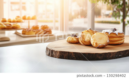 Freshly baked pastries on rustic wooden board, showcasing delightful assortment of sweet treats in bright bakery setting 130298402