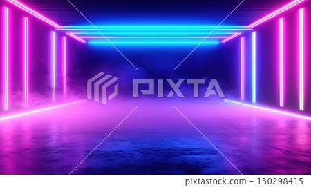 vibrant, futuristic garage room illuminated by neon lights, creating captivating atmosphere with colorful reflections 130298415