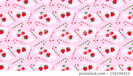 Vibrant and cheerful seamless pattern with candy canes, cherries, and strawberries on a pink creamy background, perfect for festive and sweet designs Vibrant and cheerful seamless pattern with candy canes, cherries, and strawberries on a pink creamy background, perfect for festive and sweet designs 130298422