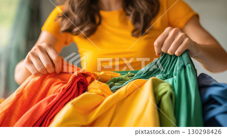close up of female tourist hands sorting colorful clothing, showcasing vibrant hues and textures, reflecting joyful moment 130298426