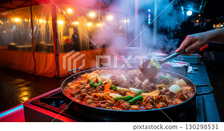 Cooking Stir Fried Chicken Gizzards at a Korean Night Market 130298531