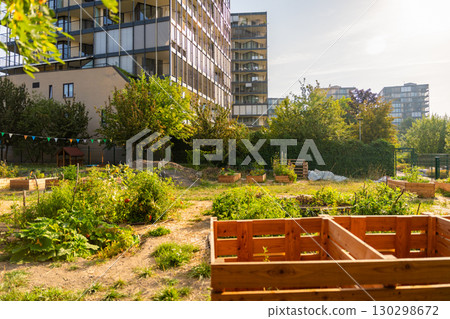 Urban community garden in Zizkov, Prague, Czech Republic. Sustainable green space with planting beds surrounded by modern apartment buildings in the heart of the city 130298672