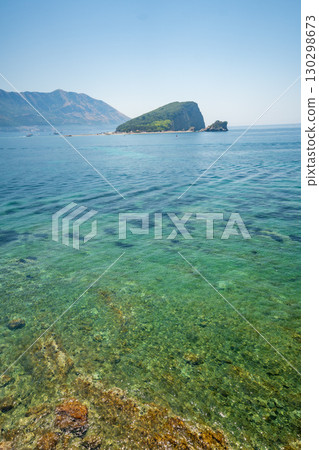 View of the sea and Sveti Nikola island from the Citadel in Budva Montenegro. Coastal scenery, island panorama, and Adriatic view 130298673