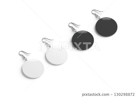 Blank black and white pair round earring mockup, side view 130298872