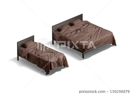 Blank single and double bed with brown bedding mockup, isolated 130298876