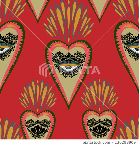 seamless pattern with skull and feathers 130298909
