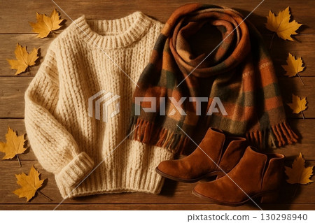 Cozy Autumn Outfit Sweater Scarf and Boots 130298940
