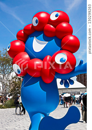 Official mascots welcoming visitors to the Kansai Expo 2025 in Osaka in front of the West Gate Official mascots welcoming visitors to the Kansai Expo 2025 in Osaka in front of the West Gate 130299263