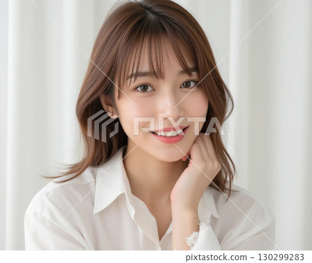 Portrait of a young woman in a white shirt resting her chin on her hand and showing a refreshing smile 130299283