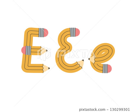 Yellow pencil in the shape of the letter E. Alphabet design. Vector illustration Yellow pencil in the shape of the letter E. Alphabet design. Vector illustration 130299301
