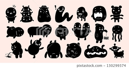 Funny monsters. Cute animal black silhouette. Comic alien face or scary characters. Kawaii baby toy. Kids beast. Doodle creature face. Emotion expression and poses. Vector ink icons set 130299374