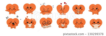 Cute heart. Friendship stickers, love icons, healthy happy or sad community. Holiday card for baby, couple celebration. Kawaii smile character. Cartoon flat style isolated vector concept 130299378