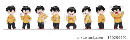 Manga character. Japanese cartoon face. Comic boy emotion expressions. Chinese man. Asian human. Joyful laugh. Anime kids animation. Disappointed teen. Vector cartoon teenager poses set 130299391